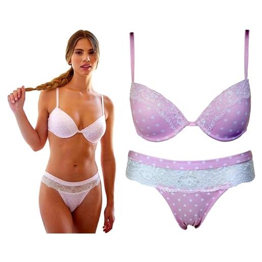 JADEA coordinato intimo donna completo reggiseno push-up e slip varie fantasie (rosa, l)