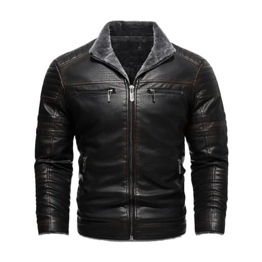 GUOCU uomo giacca in pelle pu pelliccia artificiale peluche caldo invernale giacca antivento tattica da pilota aviatore pelle sintetica retrò di giacca da motociclista fgnero
