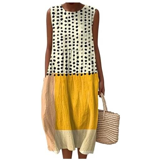 Mfhmom vestito mussola donna con pieghe in lino abito estivo boho con scollo rotondo leggero e traspirante lunghezza al ginocchio abiti da spiaggia in cotone stampato senza maniche vestiti estivi a linea a