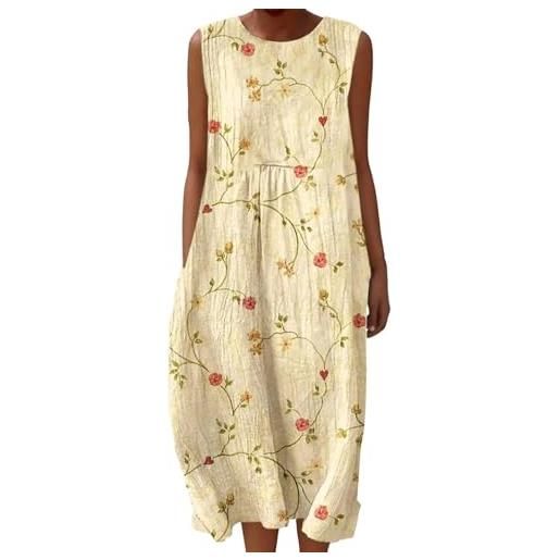Generico abito lungo estivo donna in lino e cotone mussola, vestito ampio e leggero senza maniche, abito da spiaggia traspirante con stampa floreale vintage, casual boho elegante (13, xxl)
