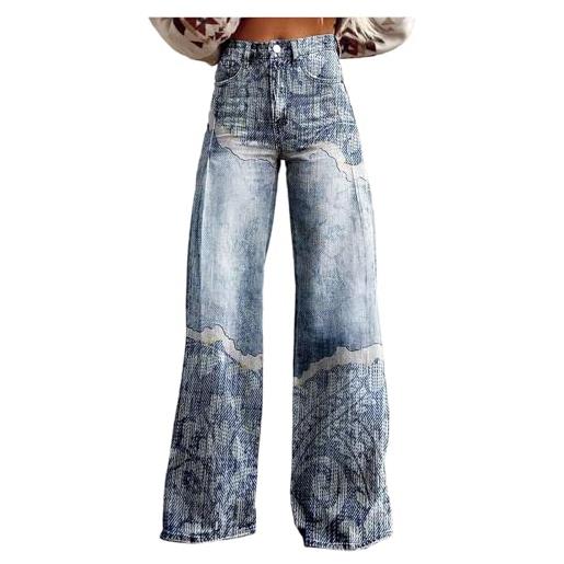 Udbeksid jeans donna con stampa, pantaloni a gamba larga vita alta casual anni 70 in tessuto morbido effetto denim, pantaloni a palazzo vintage per hippie y2k streetwear e vacanze oversize