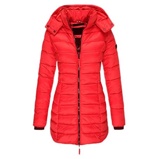 GUOCU piumino invernale da donna con cappuccio tinta unita leggero caldo giacca antivento giubbotto media lunghezza slim fit trapuntata piumini cappotto maniche lungo taglie forti, rosso, 3xl