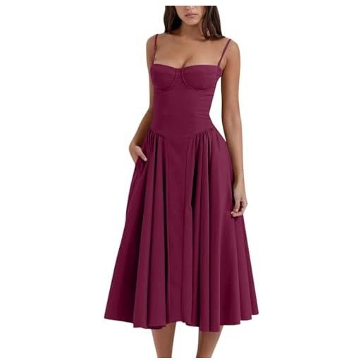 cookx sleeveless corset fit midi dress spaghetti strap bustier midi dress trendy a line dress with pocket (xl, dark blue)
