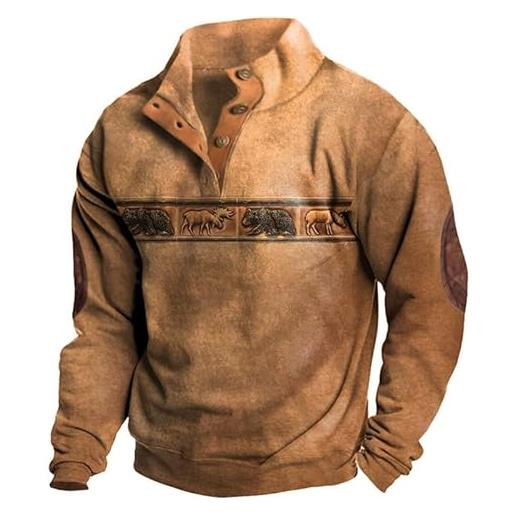 famesale felpe da uomo con colletto rialzato stampato cervo da caccia 1/4 button up henley camicie manica lunga senza cappuccio pullover felpe