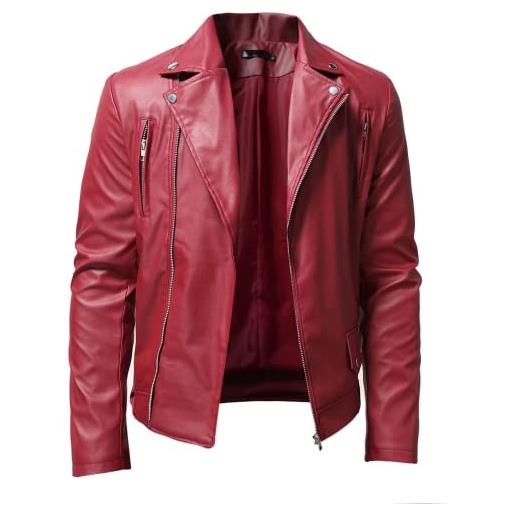 TANGLI giacca da uomo in pelle con collo alla coreana giacca da motociclista in pelle con colletto pieghevole casual giacche in pelle casual da uomo giubbotti bomber nero, rosso, blu, marrone