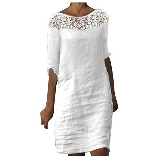 Generic vestito donna ricamo pizzo con inserti linea dritta collo tondo mezze maniche tessuto lino cotone gonna al ginocchio abito sole estivo femminile (white, l)