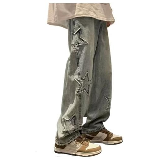 Alafime y2k grunge vestiti baggy emo goth stelle patchwork cargo pant fairycore acubi jeans alternativa demin tripp streetwear, blu, l