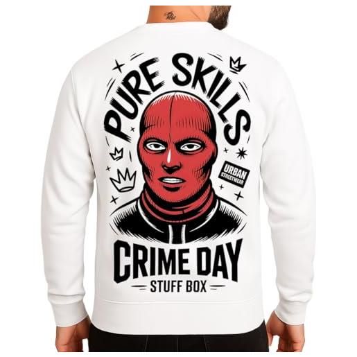 Vendetta Inc. stuff box - felpa da uomo crime day bianca, con stampa e scritta pure skills, taglie m - 4xl, bianco, m
