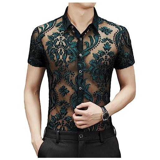 Yeuyyben camicia nera trasparente per uomo sexy manica corta fiore a rete in pizzo top blu