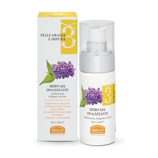 Helan linea viso 3 - siero viso gel opacizzante e levigante per pelli grasse e impure, con argilla bianca, zinco, cannella, elicriso e niacinamide - prodotti skincare viso, made in italy, 30 ml
