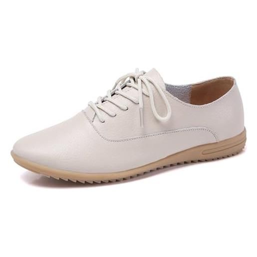 sekiueo scarpe oxford da donna con punta liscia stringate in pelle casual da lavoro e da ufficio, beige, 38 eu