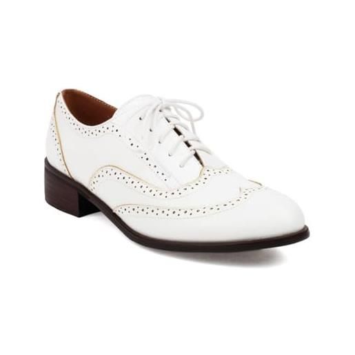HXTYXCQ donna pelle pu piatto oxford allacciare brogue scarpe tacco grosso basso vintage scarpe da vestito, bianca, 38.5 eu
