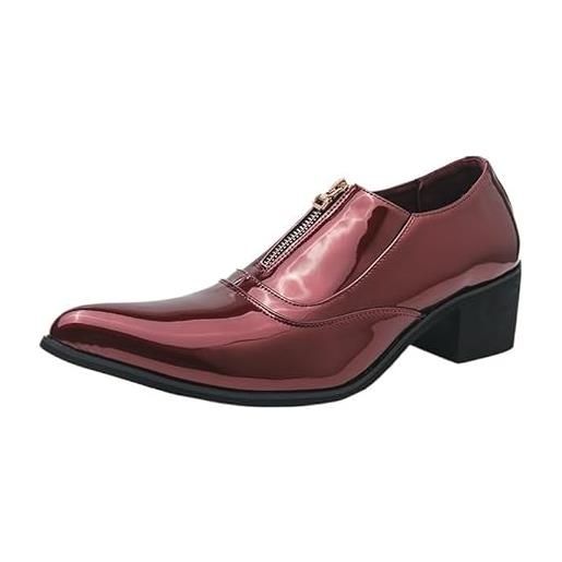 Ninepointninetynine oxford - scarpe eleganti da uomo, senza lacci, in pelle verniciata, con cerniera, tacco alto, suola in gomma antiscivolo, tacco a blocco, per attività all'aperto, rosso, 42 2/3 eu