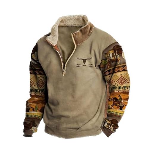 Dixacyer felpe da uomo in pile western cowboy testa di toro stampa pullover top 1/4 zip colletto stand manica lunga giacche country, f, xl