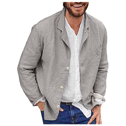 YOUYING giacca da uomo in cotone e lino, vestibilità larga, leggera, con bottoni, casual, estiva, con risvolto, abbigliamento sportivo, a# cachi, xl