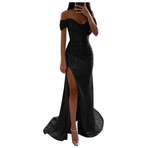 Duohropke abito da sera donna lungo, glitzer, pailletten, abito da ballo, senza spalle, vita alta, abito a tunica, sexy, con spacco laterale, maxi abito, elegante, scollo a v, abito da cocktail, abito