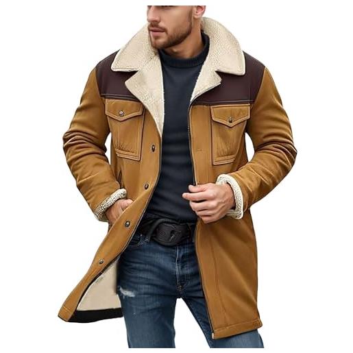 Generisch cowboy - giacca invernale da uomo, lunghezza media, in pelle, con taschino, in pelle scamosciata, patchwork, colletto alto, alla moda, per il tempo libero, fodera in peluche, giacca da pilota, verde