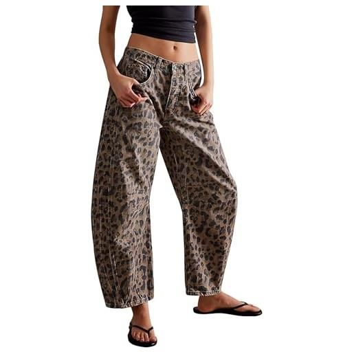 EZAPINE jeans da donna leopardati casual a gamba larga panst y2k boyfriend vita media jeans alla caviglia, cachi, s