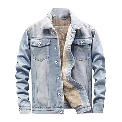 Oanviso giacca in jeans uomo invernale manica lunga giacca moda con fodera in peluche colletto rovesciato giacca leggera cappotto in denim button tasche multiple streetwear cowboy b blu chiaro xl