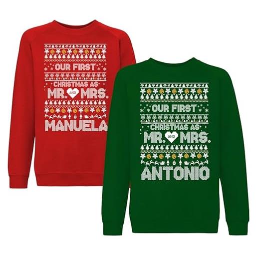fashwork - coppia felpe personalizzate natalizie con nome, felpa uomo e donna girocollo rossa e verde, felpe merry christmas idee per regali natale originali (our first christmas as mr and mrs)