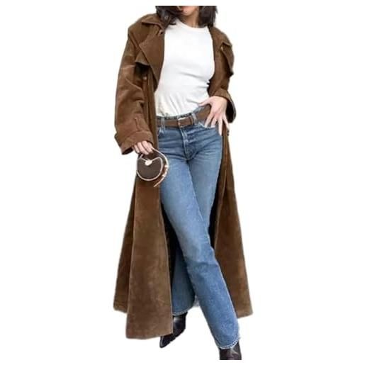 Yancremio trench lungo in pelle scamosciata da donna trench doppiopetto casual classico retrò autunnale e invernale giacca elegante con risvolto da lavoro (marrone scuro, l)