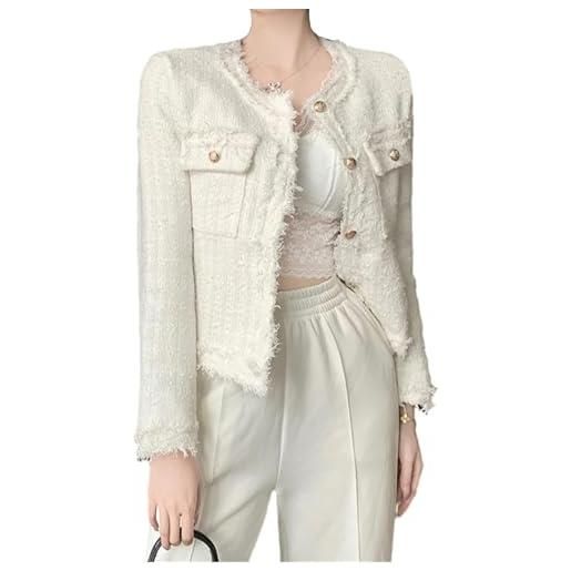 Suncadmious blazer scozzese in tweed da donna blazer aperto davanti senza colletto elegante giacca corta da lavoro cappotto (bianco, m)