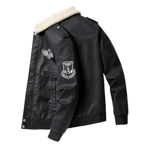 Generisch giacca da aviatore da uomo in ecopelle con colletto sherpa - giacca da pilota imbottita con toppe | classica giacca da mezza stagione in stile vintage, stil_o01 nero, xxl