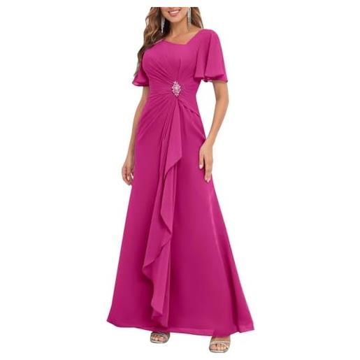 KURFACE abito da donna in chiffon per madre della sposa con maniche pieghettate formale abito da sposa, rosa acceso, 52 più