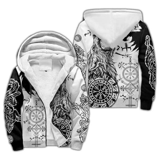 Generic giacca con cappuccio da uomo invernale in pile con cerniera | felpa calda pullover stile viking con guerriero, tatuaggi mitologia norrena e rune nordiche | giacca casual da esterno(two-colored wolf, m)