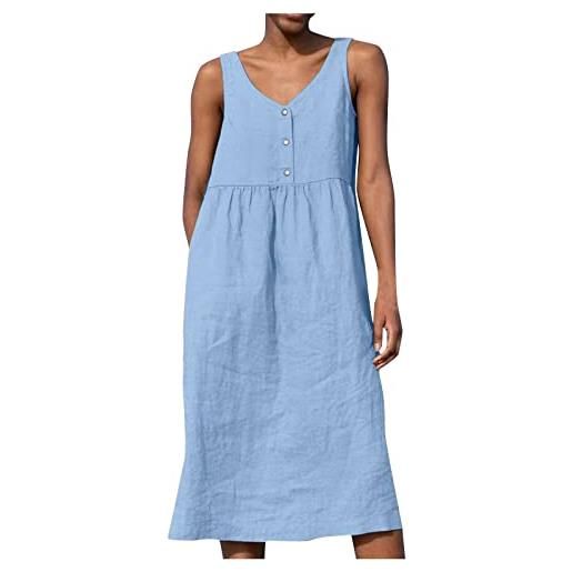 HAOLEI vestito lungo lino donna casual colore solido tunica bottone tinta unita eleganti scollo a v manica corta midi abito boho vestito lungo da spiaggia estivi a-line dress per la primavera e l'estate