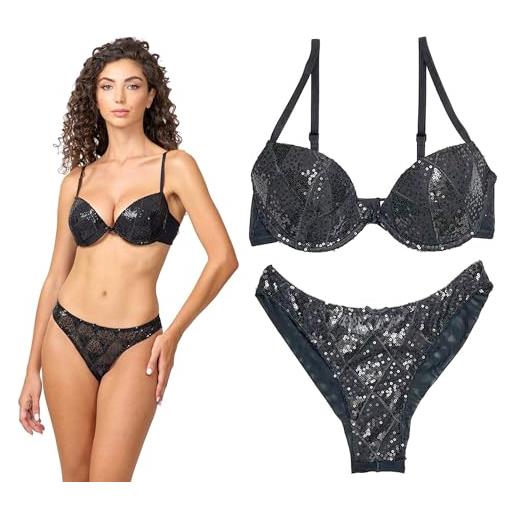 JADEA galà coordinato ragazza completo intimo donna push-up e brasiliana con paillettes 4693 (nero, 2/s)
