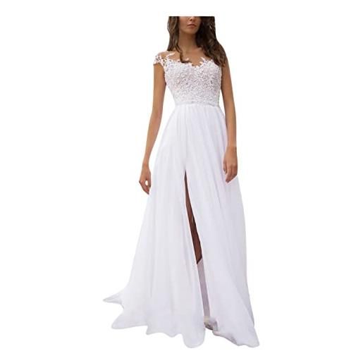 CreoQIJI abito da sposa da donna, in chiffon, elegante, da sera, sexy, con spalle scoperte, senza maniche, a vita alta, con spacco laterale a terra, lunghezza da ballo, maxi abito da sera, bianco, l