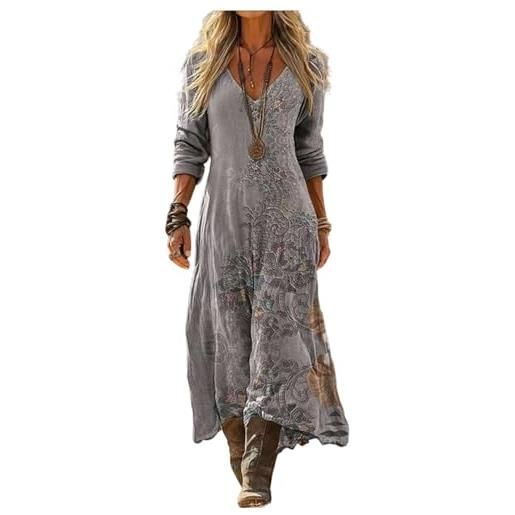 Generico vestito lungo donna estivo lino e cotone boho chic abito maxi vintage scollo a v manica 3/4 etnico con tasche per mare spiaggia vacanza taglie forti comodo elegante moda 2026