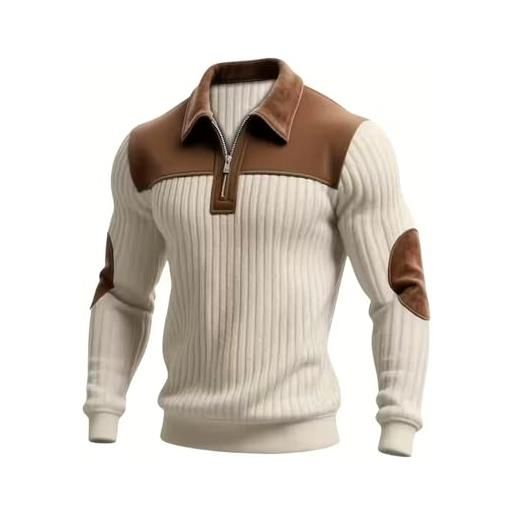 WXDTW felpe da uomo a maniche lunghe testurizzate con zip a un quarto maglione in velluto a coste vintage alla moda con toppe sui gomiti autunno inverno casual con colletto top, bianco, m