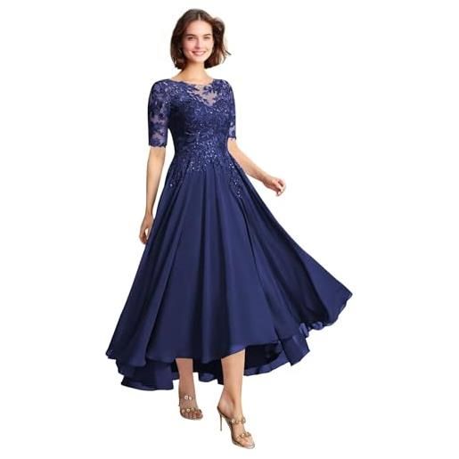 Generic vestiti da madre della sposa in chiffon con applique in pizzo, lunghezza tè, abito da sera formale con maniche corte per invitati al matrimonio per donne, viola polvere. , 44