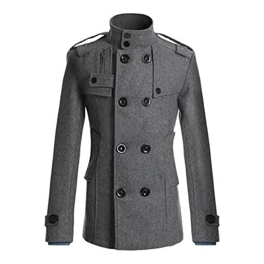 AOKODA giacca uomo tinta unita doppiopetto cappotto media lunghezza uomo colletto stand-up stile british urbano casual tweed cappotto uomo temperamento autunno inverno cappotto uomo b-grey xxl