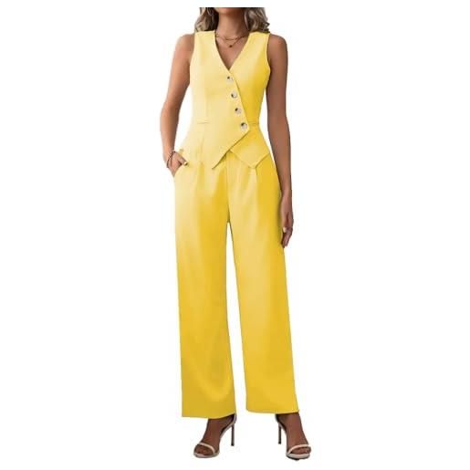 Leader of the Beauty completo da donna in 2 pezzi con gilet e pantaloni, stile business casual, con tasche, abbigliamento da donna, giallo, xs