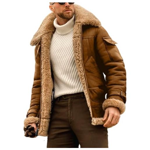 EsukAr giacca da aviatore da uomo in montone pelle e bomber volante, curry grey, m
