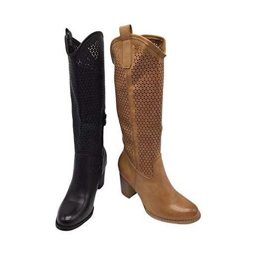FASHION MODA stivali primaverili estivi da donna tacco traforati alti al ginocchio biker moda g627 nero camel estate nuovi tacco (nero, numeric_40)