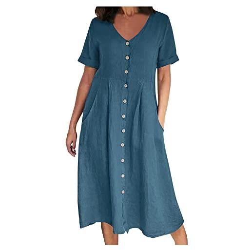 SMIDOW abito estivo da donna, modello casual, con scollo a v, abbottonatura, maniche corte, in cotone e lino, tinta unita, taglia plus, maxi, xx-large