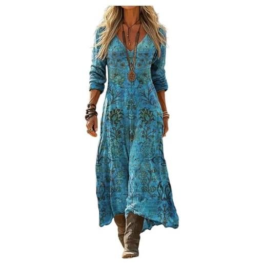 Mfhmom vestito lungo donna estivo lino cotone manica 3/4 scollo a v stile boho hippie vintage abito maxi etnico geometrico caftano da spiaggia mare casual largo taglie forti comodo vacanza