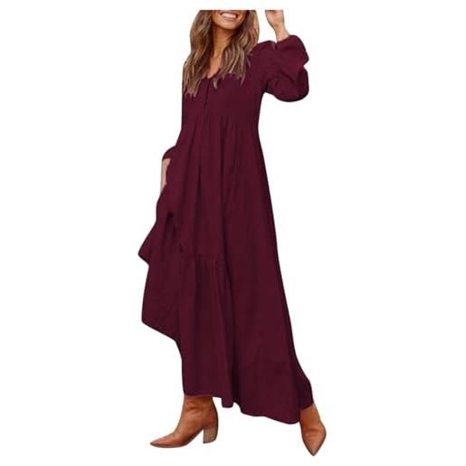 Generisch 2026 maxi abito da donna in cotone lino stile casual maniche lunghe con gonna svasata, opzioni di colore, grigio. , l