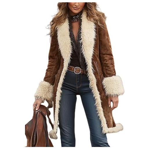 FYHTC cappotto in similpelle scamosciata da donna giacca casual lungo trench in camoscio giacca autunnale stile western con bottoni(large)