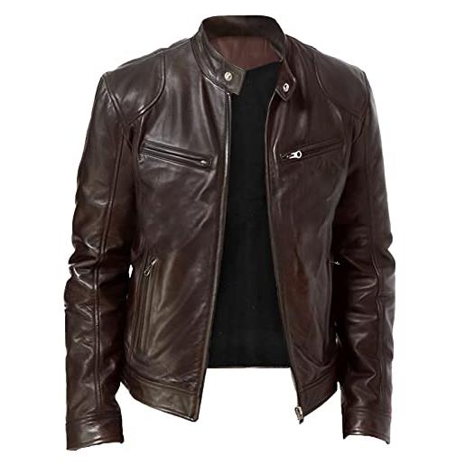 Generic giacca in pelle marrone da uomo, giacca da motociclista in ecopelle con cerniera, maniche lunghe, slim fit, giacca bomber con colletto rialzato, fodera in pile per autunno e inverno, comodo cappotto