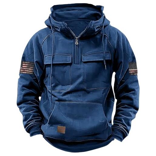 Generic felpa con cappuccio da uomo con zip a un quarto tattica, militare cargo combattimento bandiera usa grafica stelle felpa con cappuccio alla moda comoda all'aperto manica lunga, azzurro, xl