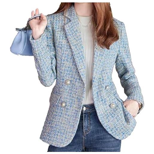 Suncadmious blazer da donna in tweed moda girocollo classico doppio petto abbottonatura ufficio business casual blazer manica lunga cappotto sottile (mandorla, s)