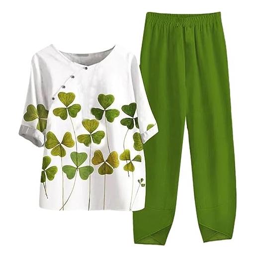 MJGkhiy tuta estiva donna completa elegante taglie forti cotone e lino leggera casual stampato completo larghi curvy tuta elegante manica corta camicia + pantaloni lino set spiaggia due pezzi