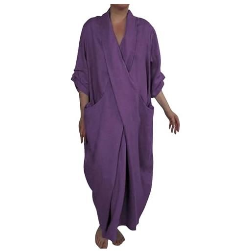 KonJim maxi abiti da donna in cotone e lino con maniche a 3/4 casual con scollo a v abito lungo caftano taglie forti abito avvolgente premaman increspato con tasche oversize estate fluida boho abiti