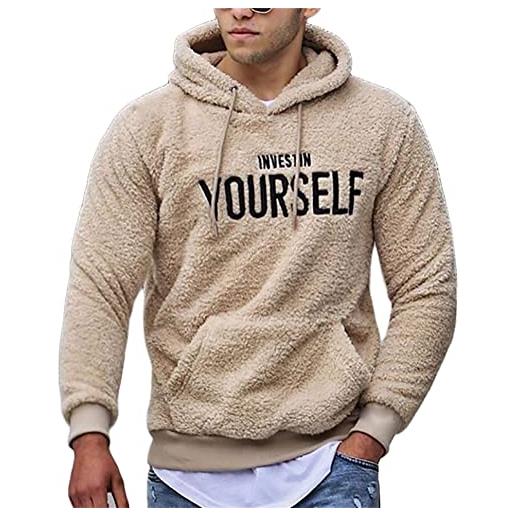 ORANDESIGNE felpa con cappuccio da uomo pullover in pile teddy con tasche invernale ricamo di lettere felpa con cappuccio in peluche maniche lunghe sportive pullover sweatshirt a cachi s