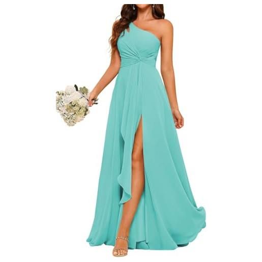 AHERKLL una spalla abiti da damigella d'onore per matrimonio chiffon pieghettato formale sera partito maxi abito con fessura ah116, turchese, 40